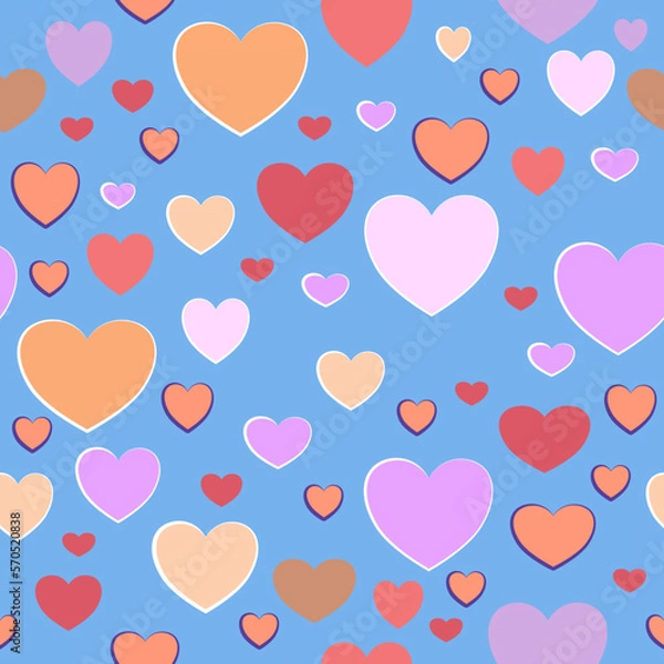 Fototapeta Seamless pattern of abstract hearts in pink and yellow shades on a light blue background for textile.