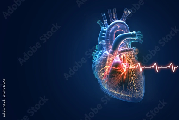 Fototapeta Human heart with cardiogram for medical heart health care background, Generative Ai