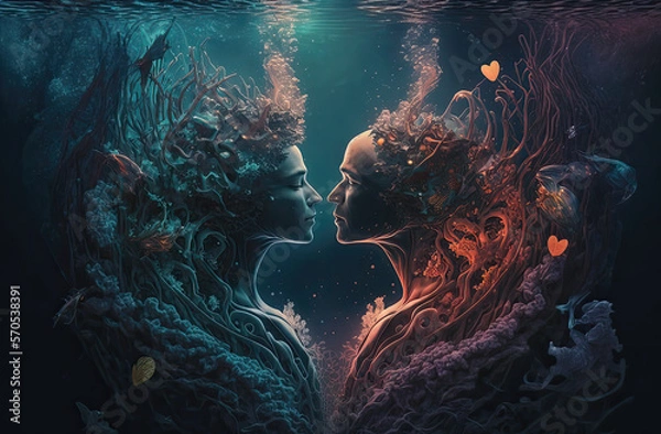 Fototapeta How deep is your love? Illustrations of heart, people and the sea. generative ai