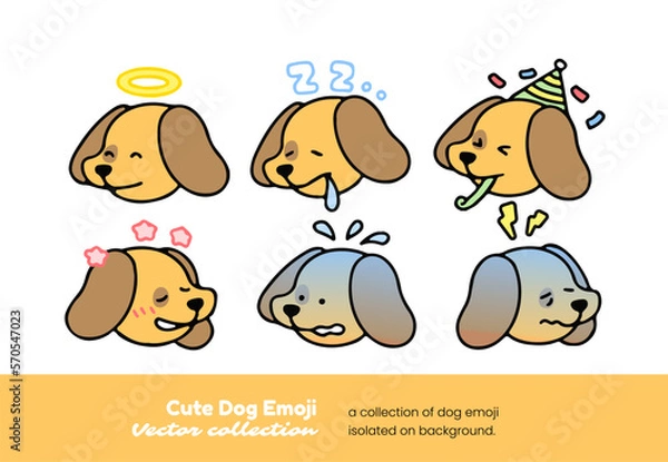 Fototapeta A set of cute dog emojis showing sleep, with a halo, partying, and being shy, isolated on a background vector illustration.