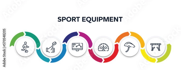 Obraz sport equipment outline icons with infographic template. thin line icons such as football players, coin toss, telemetry, kmh, bike helmet, hurdle vector.