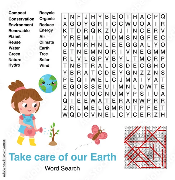 Fototapeta Word search game. Earth day theme. Educational puzzle for kids. Learn English. Zero waste. Activity page for children. Vector illustration.