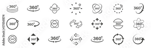 Obraz Set of 360 degree views icons. Round signs with arrows rotation to 360 degrees. Virtual reality icons. Signs with arrows to indicate the rotation or panoramas to 360 degrees. Vector illustration.