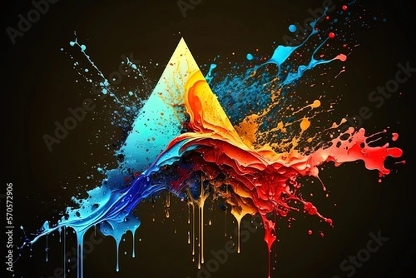 Fototapeta Abstract triangular prism crystal with colorful paint explosions drops and flow motions on dark background.