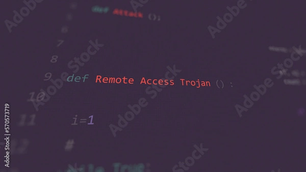 Obraz Cyber attack remote access trojan vunerability in text ascii art style, remote trojan code on editor screen.