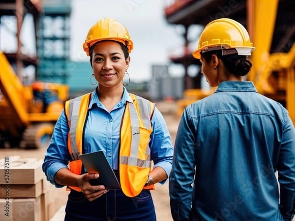 Obraz Woman wearing hard hat on a construction site. Made with Generative AI.