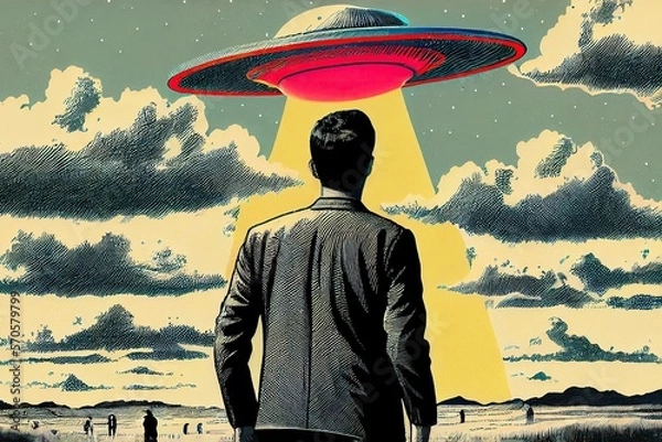 Fototapeta Back view of man looking at alien invasion, UFO flying in the sky, concept of evidence and sighting, retro illustration. Generative AI