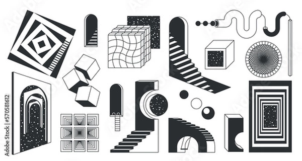 Obraz Surrealistyczne minimalne linie, czarne schody, łuki i drzwi 3D kolaż. Geometryczne kształty postaci, abstrakcyjny wszechświat kreatywny, przestrzeń iluzji retro. Monochromatyczne elementy projektowania, ilustracja wektorowa