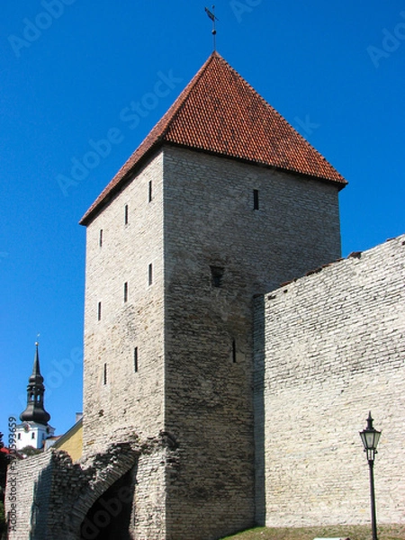 Fototapeta Tallinn, Estonia - July 2 2006 - An ancient wall which is a part of Toompea Castle, an ancient stronghold site in use since at least the 9th century.  Image has copy space.