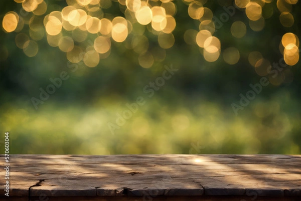 Obraz Green plant, empty wooden table for product packshot. Blurred bokeh. Generative AI