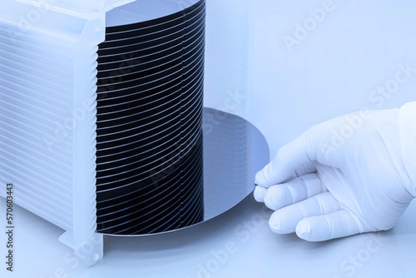 Fototapeta Silicon wafer inspection. A batch of silicon wafers packed in a plastic storage box in the clean room of a semiconductor foundry ready for microchip production. Banner.