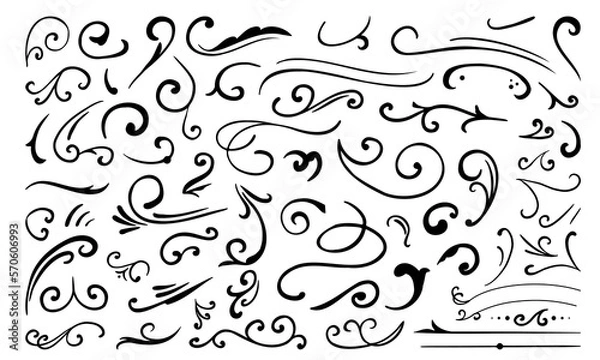 Fototapeta Calligraphy Curvy Line Floral Decoration. Hand drawn decorative curls and swirls. Flourish swirl ornate decoration for pointed pen ink calligraphy style.