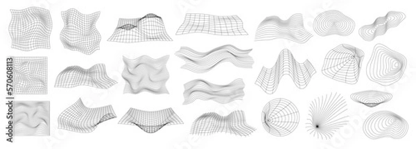 Fototapeta Abstract Distorted Outline Wireframe Retrofuturistic Waves Set. Collection of grids, perspectives, striped shapes, elements.