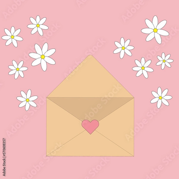 Obraz Envelop with flowers and heart. Love Letter. Mother and Valentines day greetings. Vector illustration on pink background
