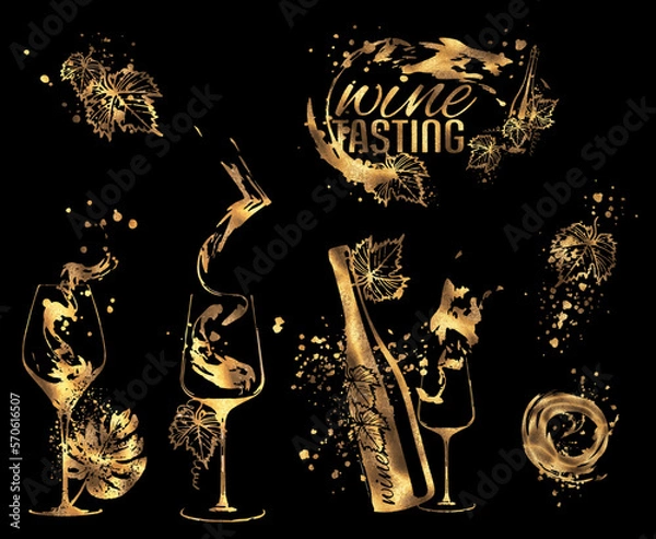Obraz Wine Tasting - Collection of wine glasses and bottles. Hand drawn elements for invitation cards, advertising banners, menus in gold style. Wine glasses with splashing wine. Sketch vector illustration.