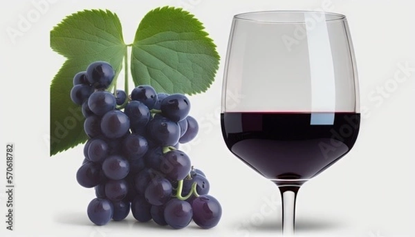 Fototapeta  a glass of red wine next to a bunch of grapes and a green leaf on a white background with a shadow of the wine glass.  generative ai