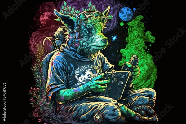Fototapeta TRIPPY MYTHICAL ANIMAL PLAYING WITH TECHNOLOGY 