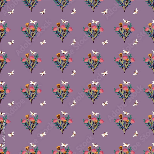 Obraz Vector seamless pattern, texture with a bouquet of flowers and bees on a purple background