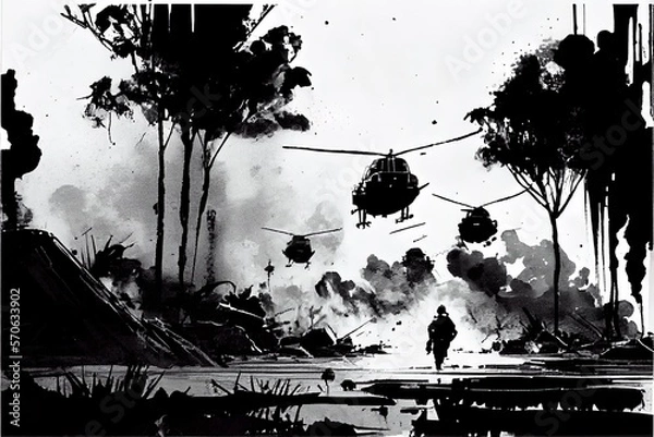 Fototapeta A black and white pen illustration of a battlefield scene during the Vietnam War with Helicopters in the sky. AI Generative Art.