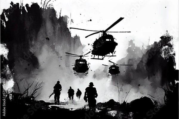 Obraz A black and white pen illustration of a battlefield scene during the Vietnam War with Helicopters in the sky. AI Generative Art.