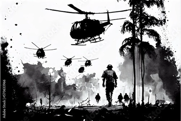 Obraz A black and white pen illustration of a battlefield scene during the Vietnam War with Helicopters in the sky. AI Generative Art.