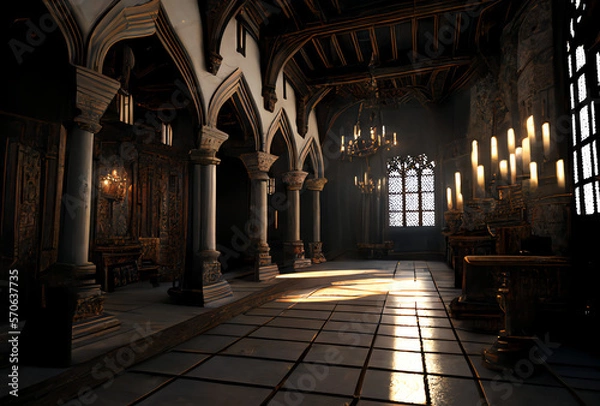 Obraz interior of medieval church, great hall, generative ai