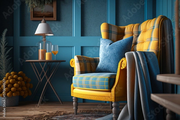 Fototapeta Interior design of living room with blue armchair and yellow plaid. Rattan furniture in room with paneling wall. Farmhouse or boho style home interior. Idea for interior design. AI