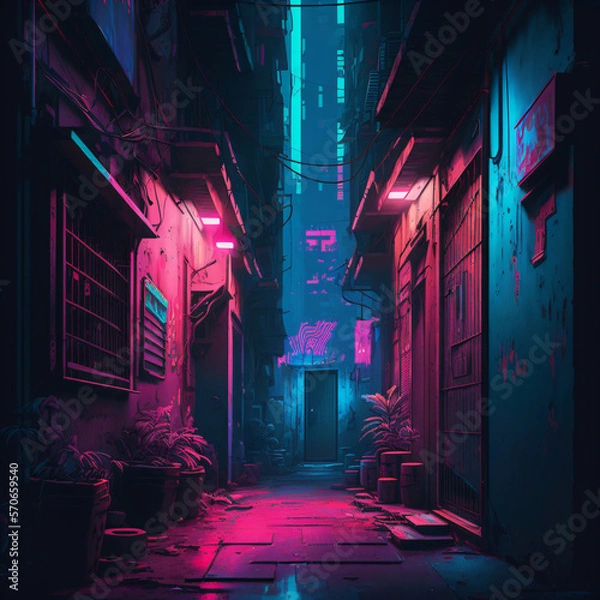 Fototapeta pink and blue neon lights on a city alley. neo-noir pink and blue style city street. cyberpunk style dark alley with pink and blue gradient neon lights. Generative Ai