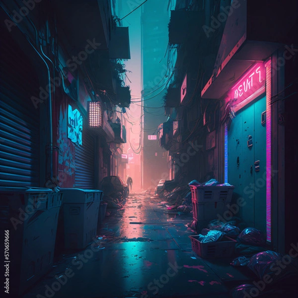 Fototapeta pink and blue neon lights on a city alley. neo-noir pink and blue style city street. cyberpunk style dark alley with pink and blue gradient neon lights. Generative Ai