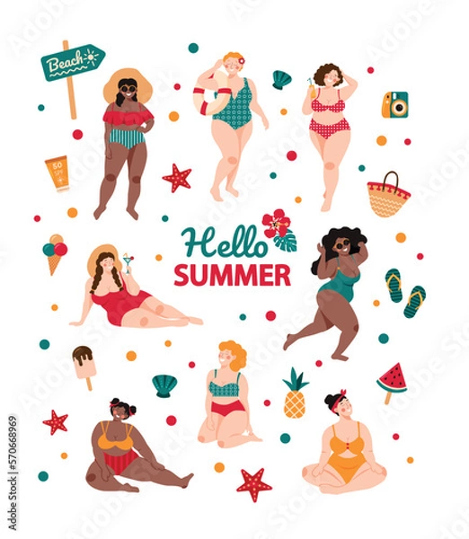 Fototapeta Vector set of illustrations depicting plump funny girls in swimsuits in a flat style. A set of summer beach stickers with girls in swimsuits