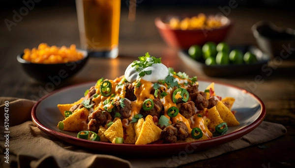 Obraz Golden and Crispy Tater Tots Nachos with Melted Cheese, Beef, and Toppings, generative ai