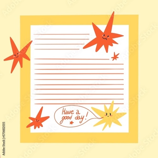 Fototapeta yellow sheet for notes with a picture of smiling red stars. You can use it at school, at university and at work.