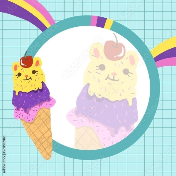 Fototapeta rainbow sheet for notes with a picture of a delicious ice cream in the shape of a cat. You can use it at school, at university and at work.
