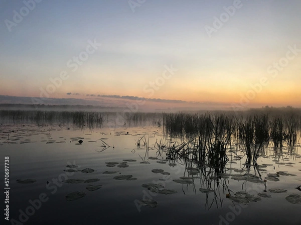 Obraz Summer, foggy landscape on the lake with blue sky with reflection of clouds in the lake. tourism and travel concept. high quality photo