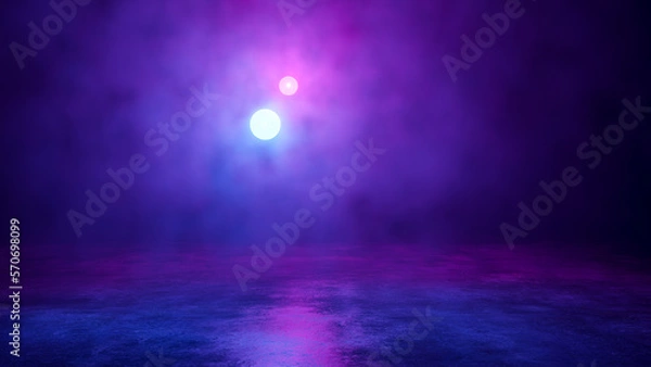 Fototapeta Blue And Purple Illuminated Neon Spheres In Thick Smoke, Glowing Futuristic Scene, Abstract Design, Sci-Fi Tomorrow Aesthetic Background With Elements For Banners, Posters. 3D Fashion Render Design
