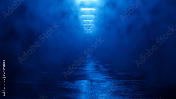 Fototapeta 3D futurystyczny tunel z dymem, świat koncepcji, scena z korytarzem z niebieskimi światłami fluorescencyjnymi. Żadnych ludzi. Streszczenie 3D, elementy banerów, plakaty, szablony. Projekt renderowania mody.