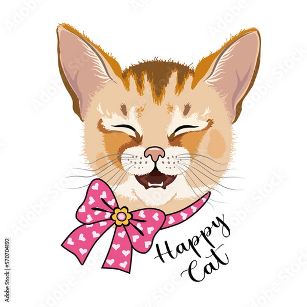 Fototapeta Hand drawn portrait of Cat  with bow. For logo, symbol and fashion print.

