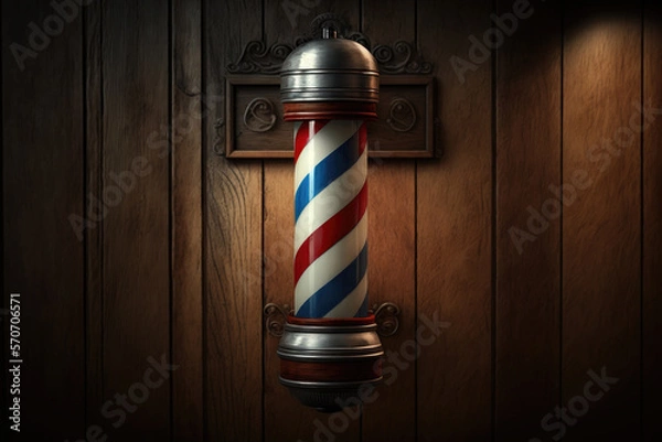 Fototapeta Barbershop pole on a wooden wall. Created with Generative AI technology.