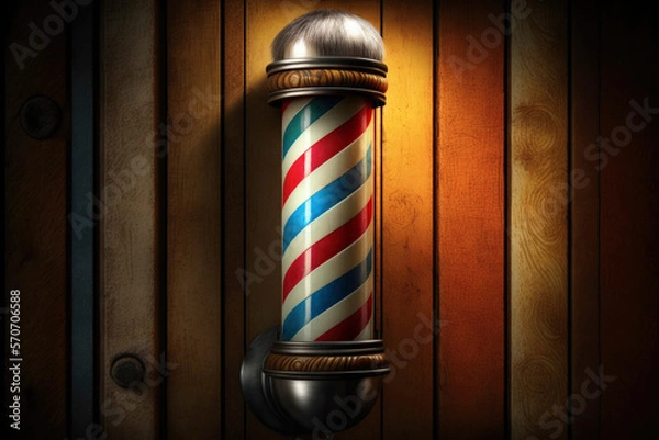 Obraz Barbershop pole on a wooden wall. Created with Generative AI technology.