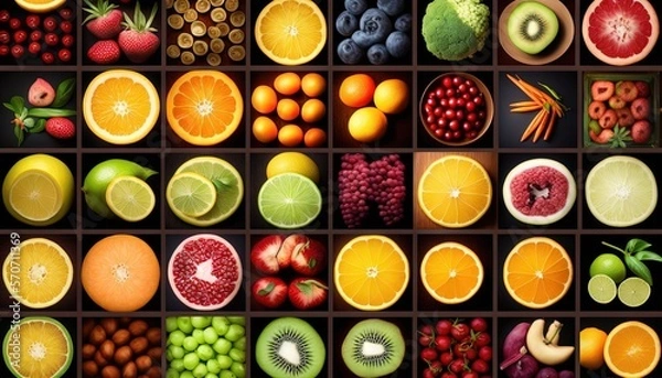 Fototapeta  a bunch of different fruits are arranged in a grid together to form a pattern on a black background with a white outline in the middle.  generative ai