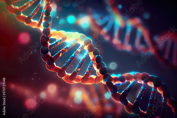 Fototapeta Dna helix enlarged model in bright colors and spots, Generative AI 