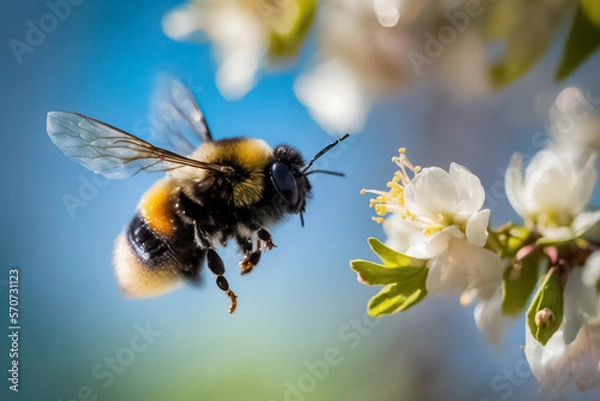 Fototapeta Flying bumblebee in spring on fruit tree blossom. Close up of bumble bee collecting pollen and nectar from blossom flowers. generative AI