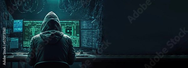 Fototapeta Digital crime by an anonymous hacker in front of his computer committing digital cyber crime, banner with copy text space, generative ai