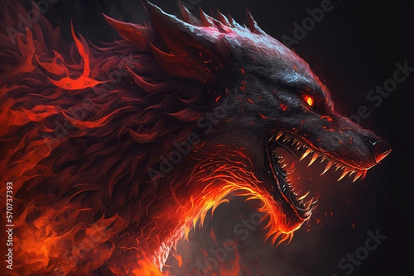 Fototapeta Evil wolf in red flames, fantasy, generative AI