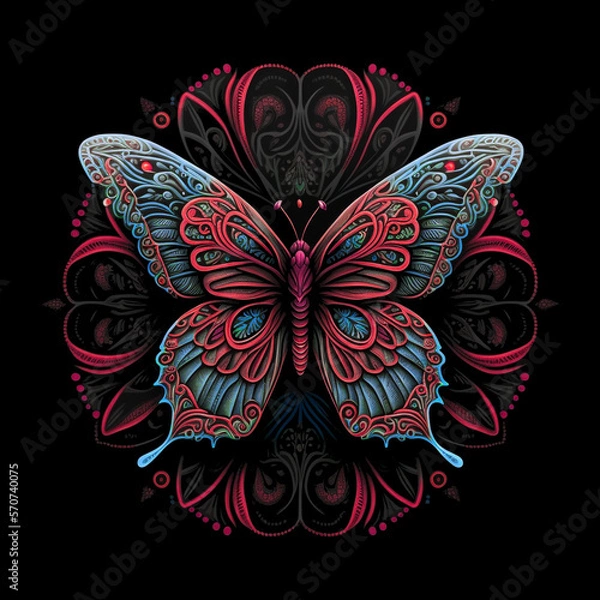 Fototapeta Colorful butterfly mandala art on a black background.  Created with Generative AI technology.