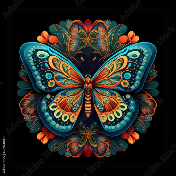Fototapeta Colorful butterfly mandala art on a black background.  Created with Generative AI technology.