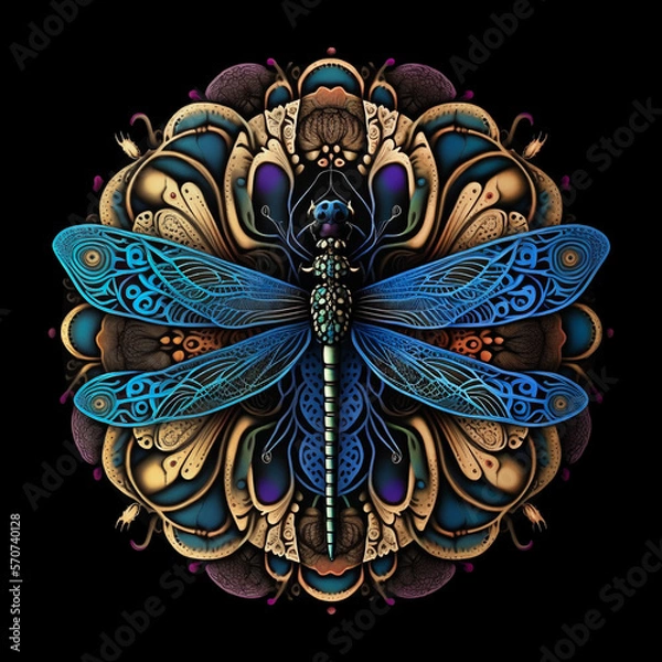 Fototapeta Colorful, detailed dragonfly mandala art on a black background.  Created with Generative AI technology.