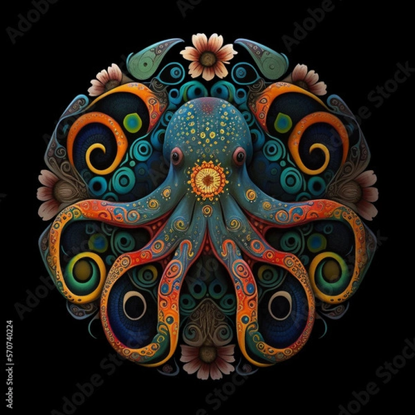 Fototapeta Colorful ornate octopus mandala art on a black background. Created with Generative AI technology.
