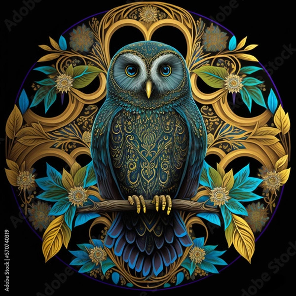 Fototapeta Colorful owl mandala art on a black background. Created with Generative AI technology.