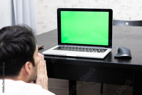 Fototapeta Back view on shocked man working on laptop. Green Screen and space for text concept